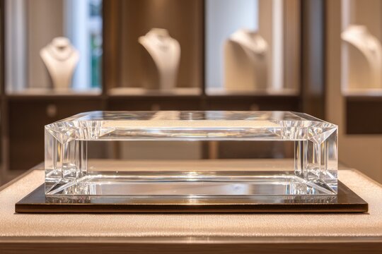 Luxury and Elegance Podium Crystal-clear empty podium in a jewelry store diamond-cut edges soft spotlight empty spot for a precious gemstone