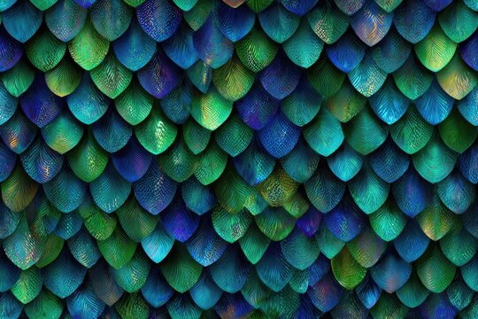 Fabric texture seamless pattern background Holographic Dragon Scales Shifting metallic scales in greens and blues for fantasy-themed apparel