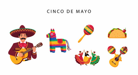 Fototapeta premium Flat Illustration of Cinco de Mayo festive colorful icons.