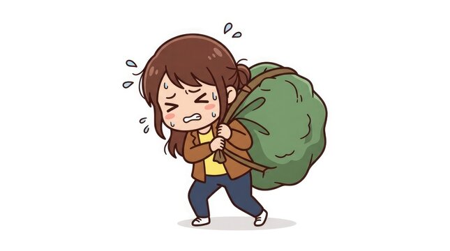 Overwhelmed young woman carrying heavy load stress and burden concept