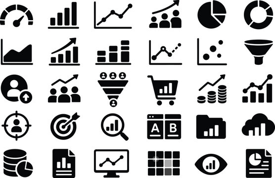 Business Analytics Icons Set: Growth Charts, Sales Funnels, Performance Metrics, Data Visualization, Financial Reports, and Market Trends Vector Illustration