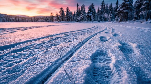 Tracks and footprints crossing frozen lake surface with parallel ski ruts and icy textured snow at sunrise, low perspective capturing crystalline detail, shoreline and distant tree line