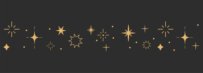 Fototapeta premium Celestial boho border with gold stars, golden line sparkle divider. Magic separator, spiritual decoration. shiny space elements, Festive lights on dark background