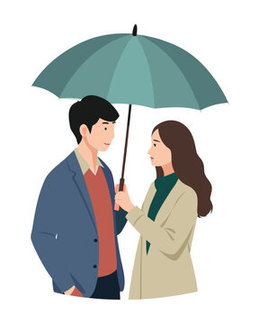 Korean Drama Couple Under Umbrella Vector Illustration