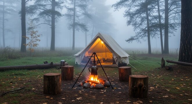 Camping tent and campfire in misty pine forest