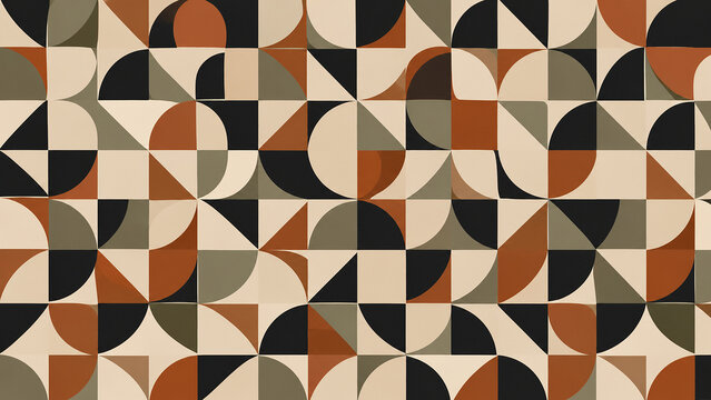 Bauhaus Inspired Geometric Seamless Pattern with Semicircles in Terracotta Olive Black and Cream