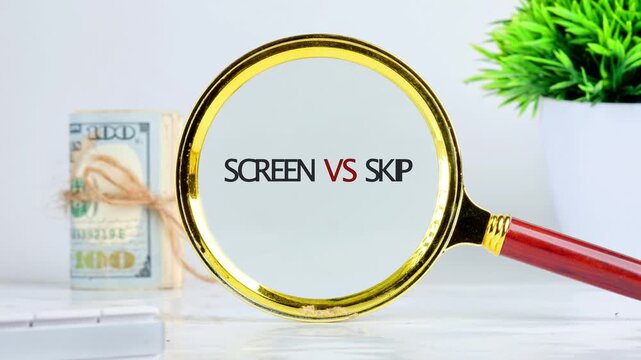 A close view of a magnifying glass highlighting text differences between screen and skip. The activity takes place indoors with items on a table