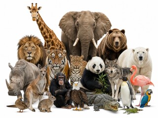 Obraz premium diverse group of wild animals including mammals, birds, and reptiles assembled together on a white background, showcasing global wildlife variety.