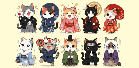 Cute Japanese cat characters set, kawaii kitten in traditional kimono and samurai ninja costume vector © metakritik
