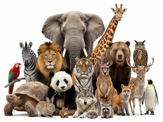 Obraz premium diverse group of wild animals from different habitats gathered together, showing the variety of animal species on Earth.