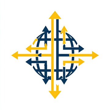A transportation logo with interconnected arrows global shipping navy and yellow isolated on white background