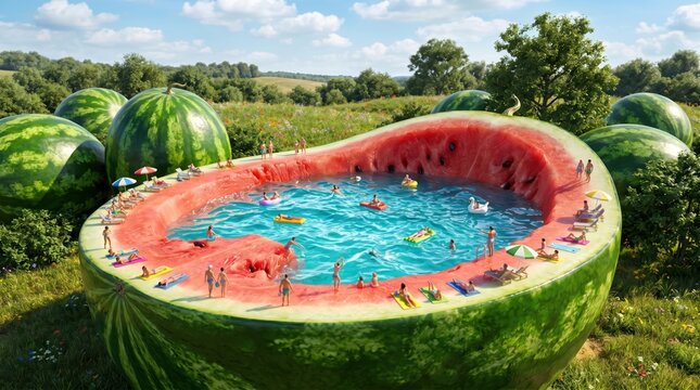 Oversized watermelon half transformed into swimming pool with people sunbathing and floating toys set in grassy field under blue sky capturing playful summer leisure and novelty concept