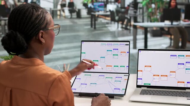 Business Analyst Reviews Workflow Automation Tools On Laptop