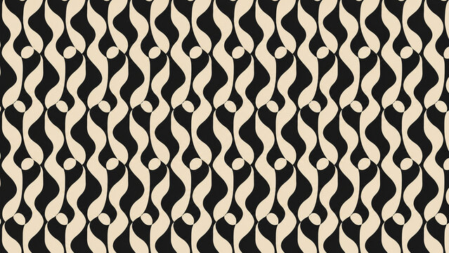 Black and Cream Wavy Ribbon S-Curve Geometric Seamless Pattern with Dots Retro Style
