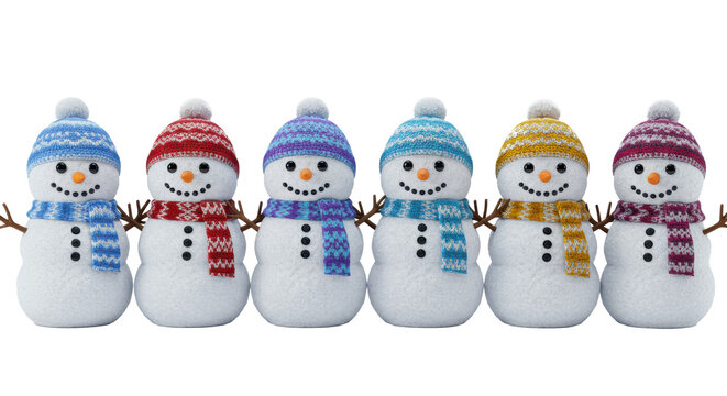 six anthropomorphic, 3d rendered snowmen wearing unique woolen hats and scarves, isolated on a bright studio white background, showcasing festive cheer and detail. concept for christmas card design