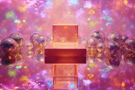Small Product Ad Podium Small mirrored empty podium disco ball reflections vibrant party backdrop dynamic lighting festive atmosphere