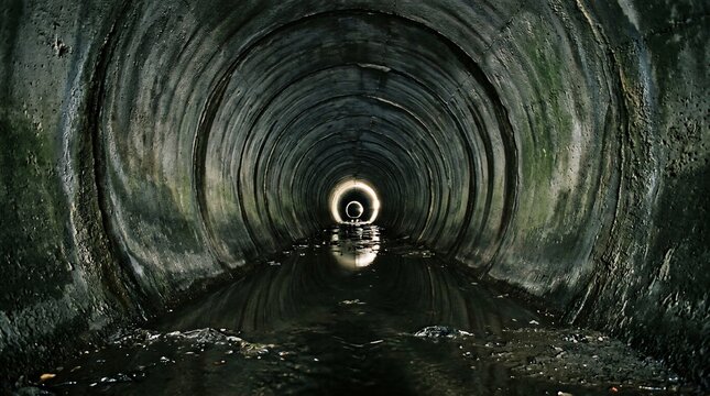 Dark circular concrete drainage pipe tunnel with light at the end and water reflection.