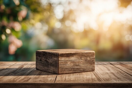 Small Product Ad Podium Wooden rustic empty podium on a farmhouse table warm sunlight soft bokeh background cozy and inviting aesthetic