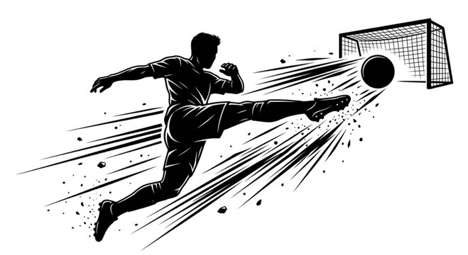 Dynamic soccer player kicking ball, motion lines, black silhouette, sports illustration, football kick vector