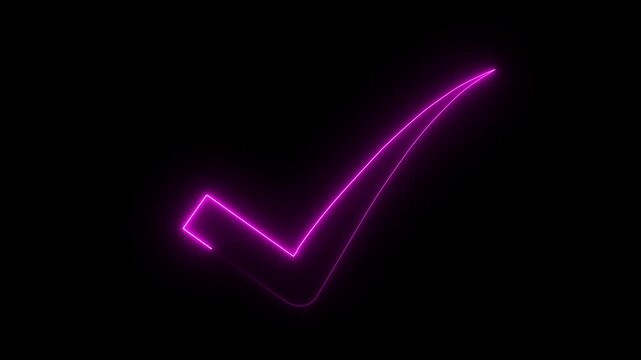 Glowing neon check mark icon animation on black background.Motion Graphic 4k Video.