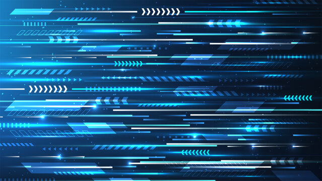Abstract futuristic high tech background glowing neon blue and white light streaks with geometric patterns and arrows moving to symbolize fast data transmission and speed