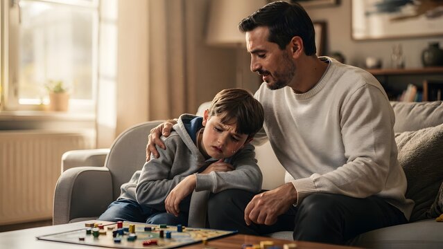 Father comforting his crying son after losing a board game at home for fathers day