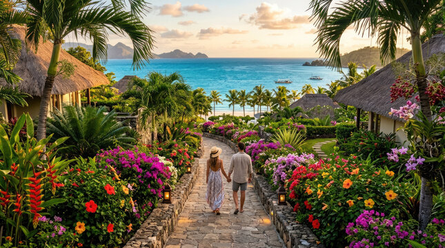A romantic couple walking hand-in-hand down a stone path surrounded by colorful tropical flowers and palm trees towards the turquoise ocean at sunset