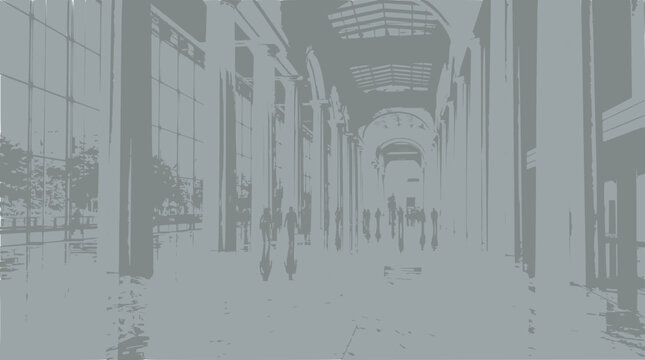 Modern architecture interior hallway with columns and people walking, contemporary building design