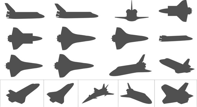 Spacecraft and jet silhouettes presented in multiple flight angles on a transparent background