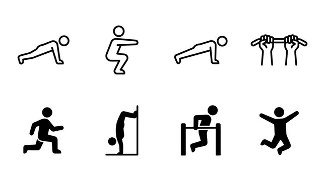 Collection of fitness and athletic training icons featuring pushups squats and gymnastic exercises exercise training