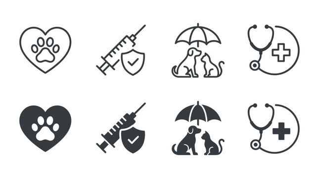 Veterinary and pet care icon set featuring animal paw health protection vaccination and medical stethoscope, veterinary