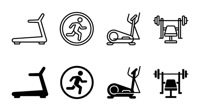 Cardio fitness machines and gym equipment icons set with bench press treadmill equipment elliptical exercise