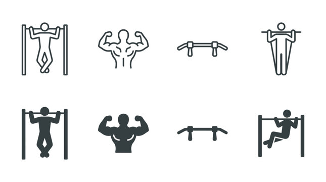 Gym fitness icons featuring pull up exercises and muscular physique poses strength bodybuilding training exercise