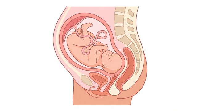 The anatomy of childbirth with a baby positioned head-down in preparation for labor. It represents key elements of the birth process.