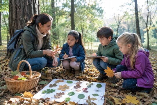 teacher and elementary students learning nature together on outdoor field trip.