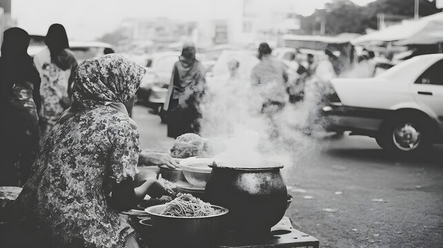 vendor preparing noodles at a steaming street food stall during lunchtime rush