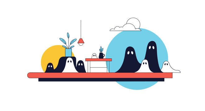Creative illustration of friendly ghosts inhabiting a modern living room with furniture, plants, and a sunset view.