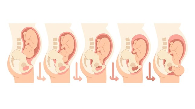 Illustration presents the stages of labor focusing on the descent of the fetus during childbirth for medical education.