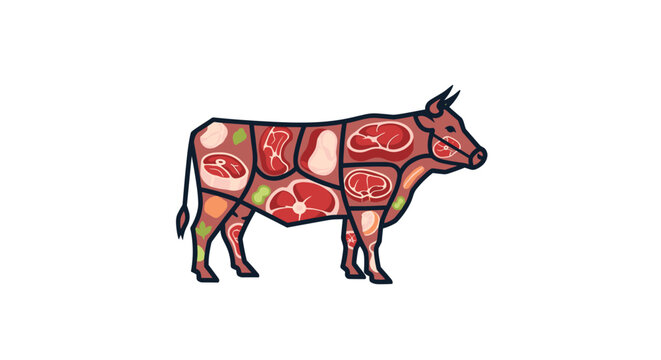 Butcher diagram of a bull showing the different cuts of beef meat inside the animals silhouette on a white background.