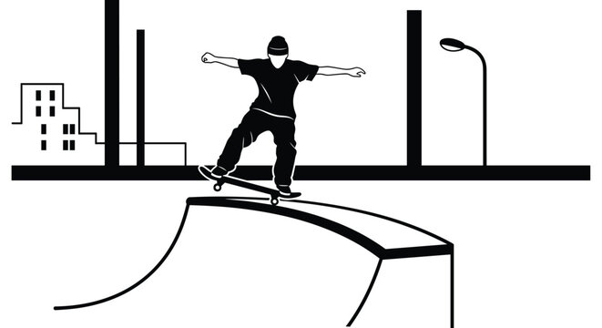 Skateboarder performs a high jump on a urban half-pipe ramp with city skyline in the background during evening session under street light.