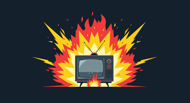 Pixel art illustration of a vintage television set exploding with bright yellow and red flames on a dark blue background.