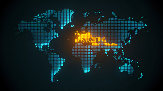 Digital map composed of glowing blue and orange square pixels on a dark background, highlighting europe and asia with bright light points