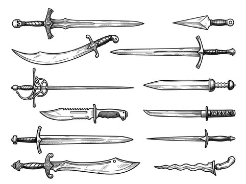 Set of medieval sword and dagger outline sketch, hand drawn ink doodle on white background, weapon vector