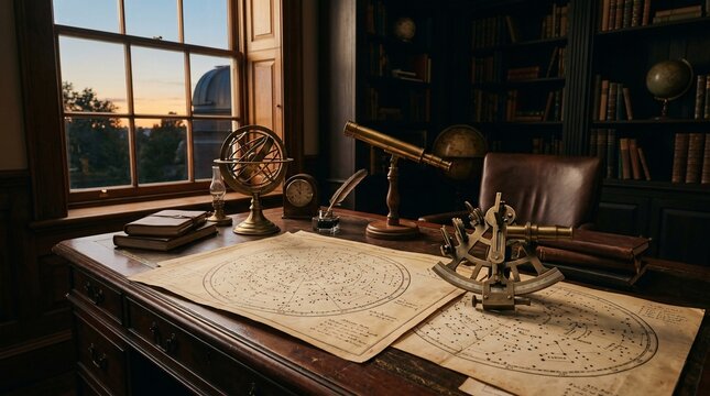 Vintage astronomer office with star maps, sextant and telescope on desk at sunset.