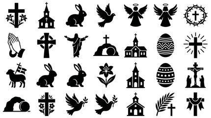 Fototapeta premium Christian and Easter religious silhouette icons featuring crosses, churches, bunnies, angels, and doves for holiday celebration and spiritual design