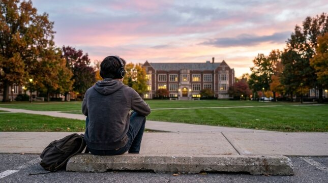 Lonely student sitting on curb outside university building at sunset soccer background