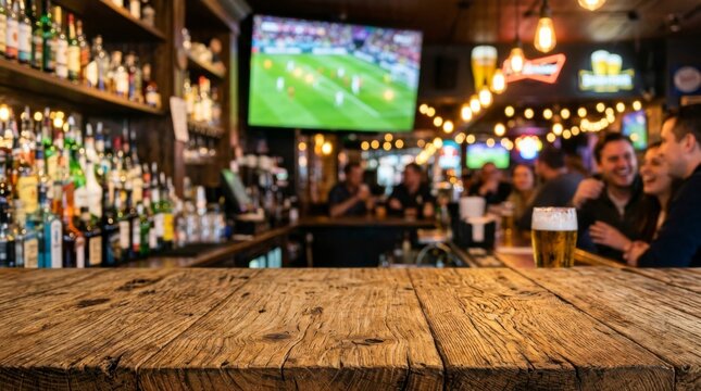 Sports Bar Interior with Wooden Counter and TV soccer background
