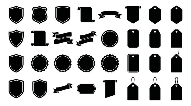 Set of versatile black silhouette graphic elements featuring shields, ribbons, labels, and tags for branding and decorative design