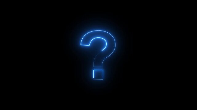 Neon glowing blue question mark icon black background.