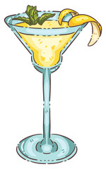 Niocte Classic White Lady or gimlet cocktail with fresh mint and lemon twist, cute cartoon doodle illustration © Patharakan